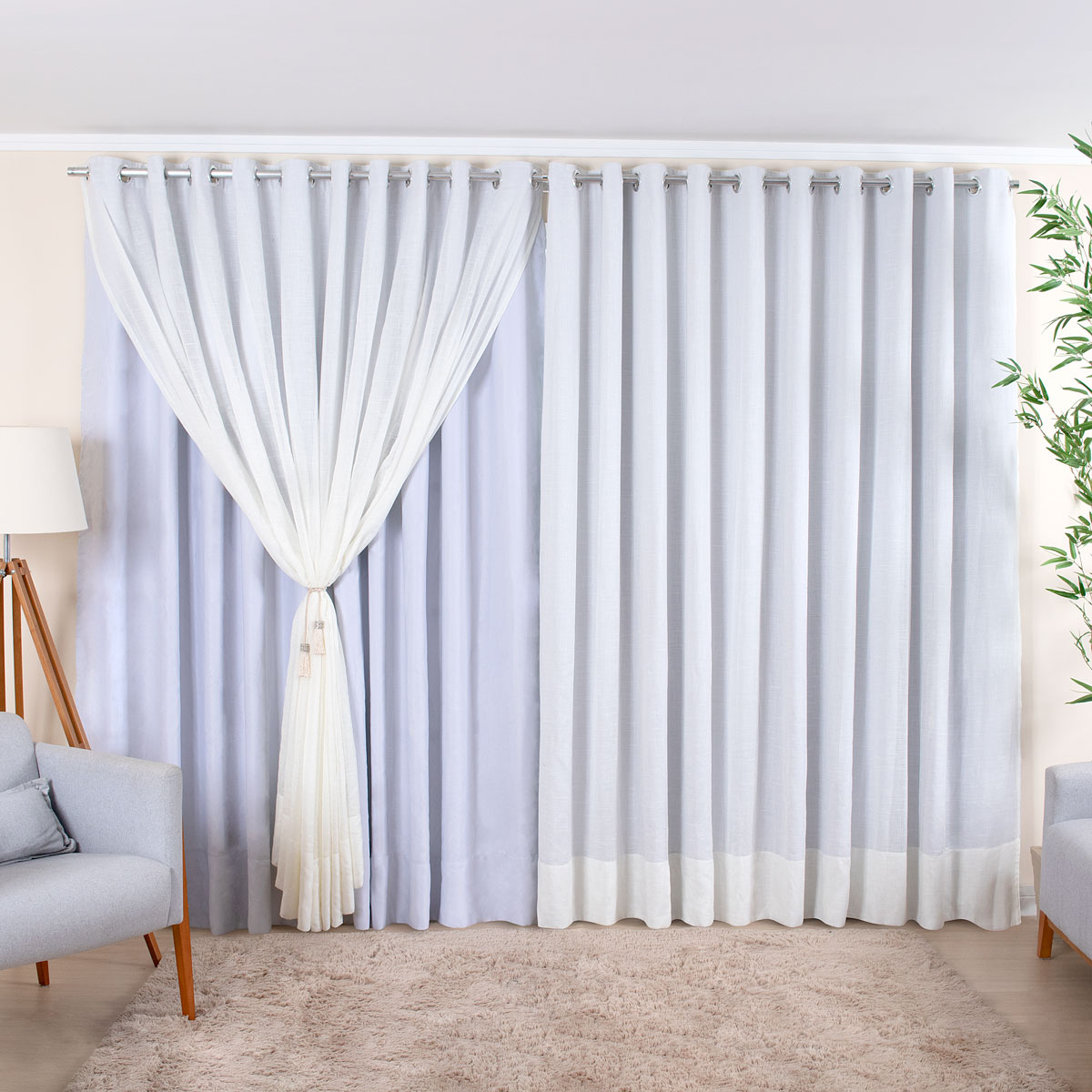 Cortina de Varão 2,00m de Linho Gaze Off White com Forro Blackout Gelo